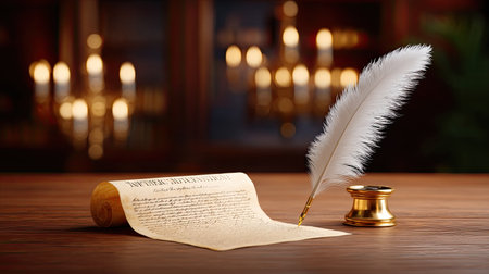 Beautifully styled vintage scroll with a feather quill in warm candlelight. Perfect for themes of history, literature, and creative storytelling in cozy settings.の素材