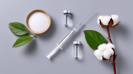 A clean and modern clinical setup featuring a syringe, vials, sugar, and cotton flowers on a gray surface ideal for health and beauty themes.の素材