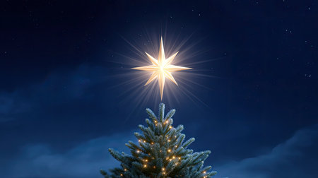 A beautifully lit Christmas tree topped with a radiant star, set against a deep blue night sky full of stars, evoking a magical and warm holiday feeling.の素材