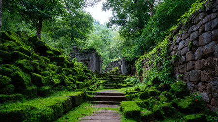 Explore the enchanting beauty of ancient ruins nestled in a vibrant green forest, where stone pathways are enveloped in lush moss, inviting serenity and adventure.の素材