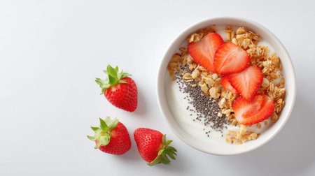 A visually appealing yogurt bowl featuring fresh strawberries, crunchy granola, and chia seeds. This nutritious meal is perfect for breakfast or a delightful snack.の素材
