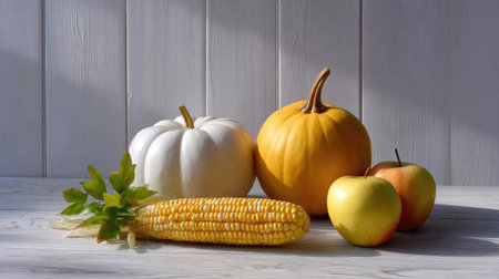 A visually striking arrangement of autumn produce featuring white and orange pumpkins, fresh corn, and red and green apples set against a wooden backdrop in bright light.の素材