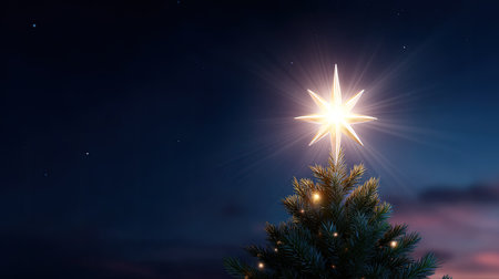 A stunning image of a Christmas tree topped with a bright shining star, set against a peaceful twilight sky filled with soft evening stars and glows.の素材