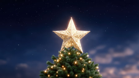 A stunning Christmas tree adorned with decorative lights and a sparkling star under a starry night sky, perfect for capturing the festive holiday spirit.の素材
