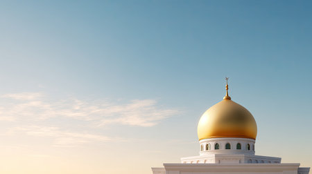 Stunning image of a golden dome atop a mosque with a clear blue sky in the background, reflecting the peaceful essence of religious architecture at sunset.の素材