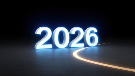 This artistic representation of the year 2026 features glowing neon numbers illuminated against a dark background, creating a futuristic vibe. Perfect for various celebratory themes.の素材