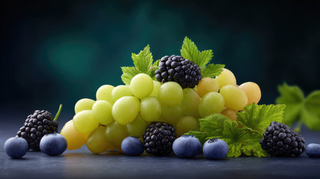A vibrant display of fresh green grapes, sweet blackberries, and blueberries, complemented by lively mint leaves, creating a colorful and appetizing scene.の素材