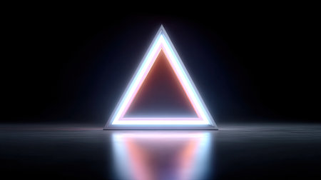 A captivating neon triangle with glowing edges stands against a dark background, reflecting light and creating a vibrant atmosphere perfect for modern art and design.の素材
