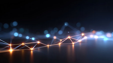 This abstract image features glowing connections with luminous lights against a dark blurred background, representing energy, technology, and modern design concepts.の素材
