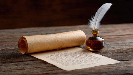 This captivating image features a vintage ink bottle, a delicate feather quill, and a rolled manuscript, all set on a rustic wooden table, embodying artistic heritage.の素材