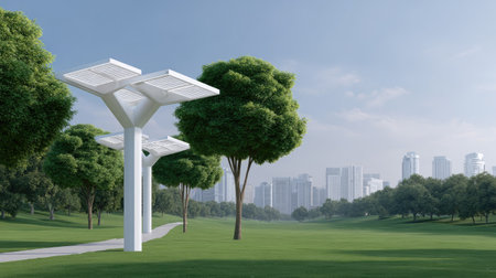 A serene park scene showcasing modern solar-powered structures amidst lush green trees and a vibrant urban skyline, perfect for promoting sustainable design and outdoor recreation.の素材