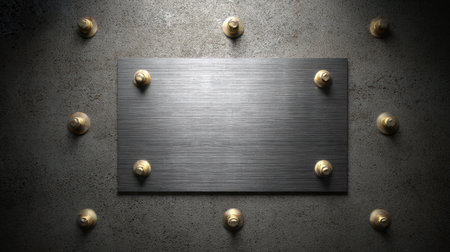 This image features a blank metal plate on a dark textured background, surrounded by golden screws, ideal for customizing signage or branding in various design projects.の素材