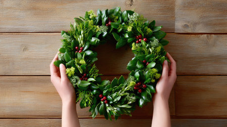 Beautiful fresh wreath held in hands, made with natural leaves and berries, perfect for holiday decor. Ideal for showcasing nature's beauty in celebrations.の素材