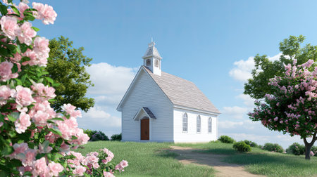 A picturesque white wooden church stands gracefully amidst vibrant blooming flowers and lush greenery. The clear blue sky enhances the serene, peaceful atmosphere.の素材