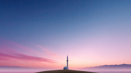A stunning view of a mosque standing gracefully on a gentle hill at dawn, capturing the soft hues of the sky and the tranquility of the surrounding mountains.の素材
