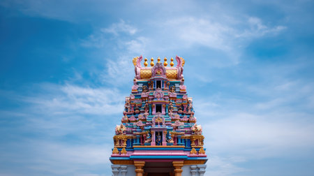 A stunning depiction of a colorful temple structure against a bright blue sky, featuring intricate architectural details and vibrant hues that capture cultural heritage.の素材