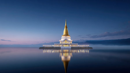 A stunning golden pagoda beautifully reflected in calm waters at dusk. The soft twilight glow creates a tranquil ambiance, ideal for meditation and peaceful reflection.の素材