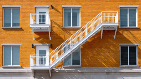 Captivating urban architecture features a vibrant orange brick wall, contrasted with a white fire escape stair. The geometric lines create a striking visual appeal.の素材