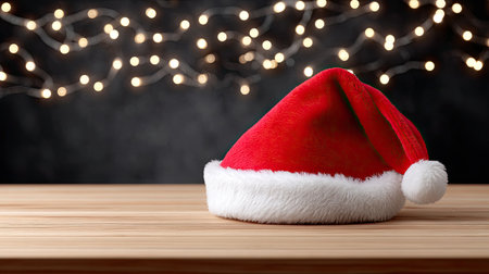 A vibrant red Santa hat resting on a smooth wooden table, illuminated by twinkling Christmas lights, creating a warm and festive holiday atmosphere.の素材