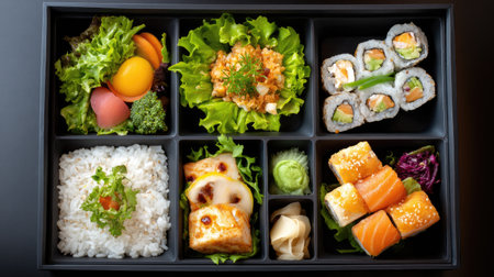 A beautifully arranged Japanese bento box featuring sushi, fresh vegetables, and rice. Ideal for showcasing vibrant culinary presentations and healthy meals.の素材