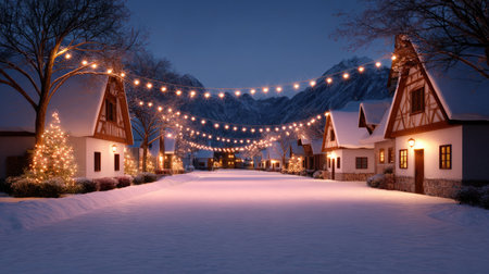 This enchanting winter village scene features snow-covered cottages adorned with fairy lights, creating a magical atmosphere in a serene night landscape.の素材