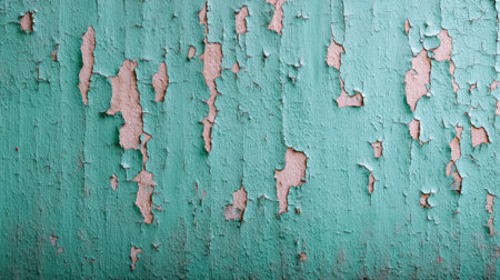 This image captures a close-up view of a weathered turquoise wall. The textured surface features layers of peeling paint, showcasing unique patterns and colors.の素材