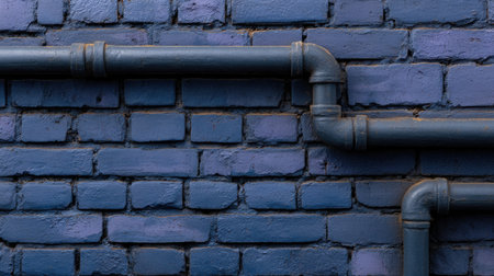 A striking image featuring a blue brick wall adorned with gray pipes, perfect for illustrating industrial themes in interior or exterior design projects.の素材