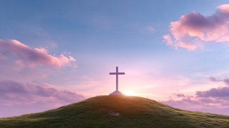A tranquil sunset scene showcases a cross atop a grassy hill, surrounded by a vibrant sky filled with pink and purple clouds, evoking feelings of serenity and faith.の素材