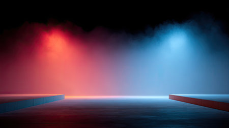 This striking image features dramatic lighting in red and blue, shrouded in fog, creating a captivating and mysterious atmosphere on an empty stage.の素材