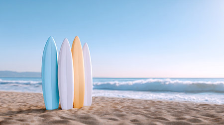 A vibrant arrangement of surfboards sits on a sandy beach, capturing the essence of summer. The clear sky and gentle waves create a serene atmosphere perfect for relaxation.の素材