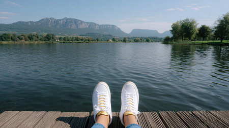 A serene lakeside scene featuring a pair of feet in white sneakers resting on a wooden dock, showcasing calming waters and majestic mountains under a clear sky.の素材