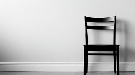 A minimalist black dining chair stands alone against a white wall, highlighting simple design lines and a contemporary aesthetic ideal for modern interiors.の素材