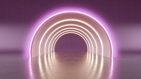 A captivating interior scene featuring bright neon arches that create an inviting and modern atmosphere, with soft reflections on a smooth polished floor surface.の素材