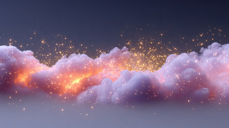 Enchanting clouds illuminated by soft sparkles and warm lights create a serene and magical atmosphere, ideal for artistic projects, backgrounds, and designs.の素材