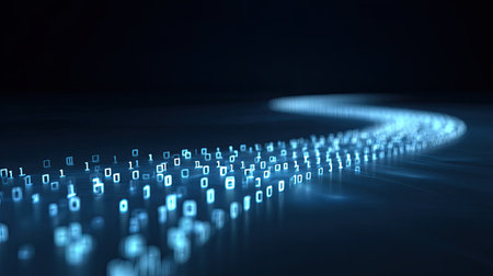 This mesmerizing image showcases a flowing stream of binary code set against a dark background, embodying the essence of data and technology in a sleek, abstract design.の素材