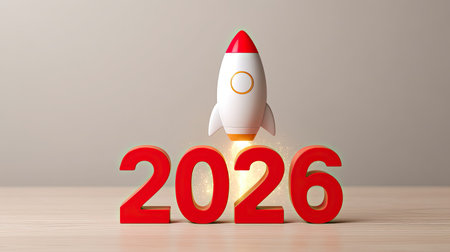 This vibrant image features a rocket launching above a bold 2026, symbolizing ambition and future success. Ideal for concepts of growth, achievement, and motivation.の素材