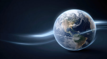 A captivating illustration of Earth showcasing a glowing atmosphere and flowing light strands against a dark background, symbolizing beauty and unity in space.の素材