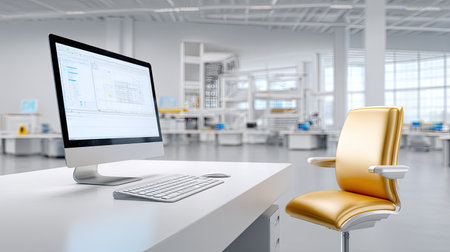 A sleek office workspace showcasing a computer and a luxurious golden chair, set in a bright, open-plan environment ideal for productivity and creativity.の素材