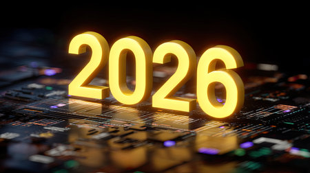 Bright yellow numbers "2026" stand prominently on a detailed circuit board, symbolizing technological advancements and innovations expected in the near future.の素材