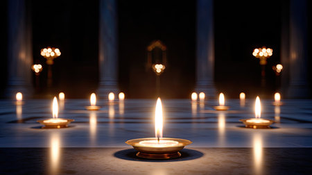 A tranquil scene featuring glowing candles set within a dark temple interior. The soft light from the flames enhances the surroundings, creating a serene ambiance perfect for meditation.の素材