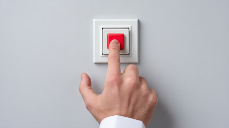A close-up image of a hand pressing a red button on a wall switch, illustrating themes of control and urgency in a professional setting, ideal for decision-making visuals.の素材