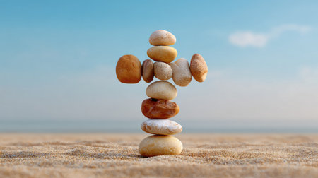 A serene arrangement of stones forming a cross shape on a sandy beach, reflecting tranquility and harmony, perfect for themes of peace and natureの素材