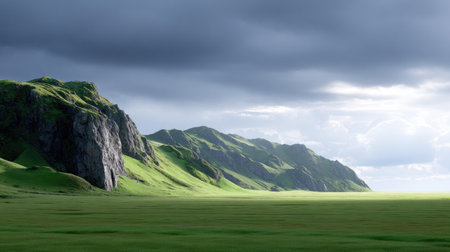 Explore a stunning landscape featuring lush green hills under a dramatic sky filled with clouds and soft sunlight. A serene view capturing the beauty of nature.の素材