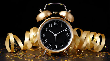 A striking gold alarm clock sits elegantly against a black backdrop, surrounded by shimmering gold streamers and confetti, perfect for adding charm to any festive celebration.の素材