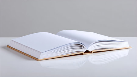 An open blank book with pristine white pages sits on a glossy surface, inviting creativity and expression. Ideal for writing, drawing, or journaling moments.の素材