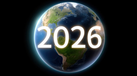 A vibrant illustration of Earth showcasing the year 2026 prominently, symbolizing future aspirations for environmental awareness and global development.の素材
