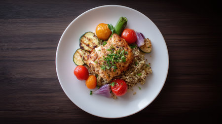 A beautifully arranged grilled salmon fillet garnished with herbs, served alongside colorful vegetables and fluffy quinoa, ideal for a healthy dining experience.の素材