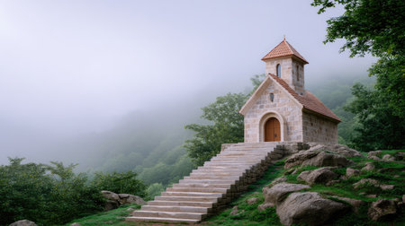 A tranquil stone church sits atop a mossy hill, enveloped in soft mist. The serene setting invites reflection and admiration of nature's calming beauty.の素材