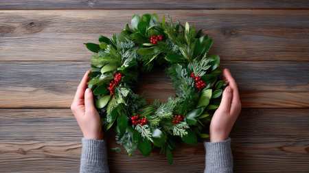 A beautiful holiday wreath held by hands, crafted from fresh greenery and adorned with vibrant red berries, set against a rustic wooden background. Perfect for winter decor.の素材