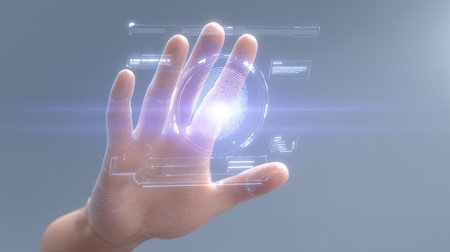 A futuristic hand interacts with a holographic display, showcasing innovative biometric scanning technology in a modern cyber environment for digital advancement.の素材